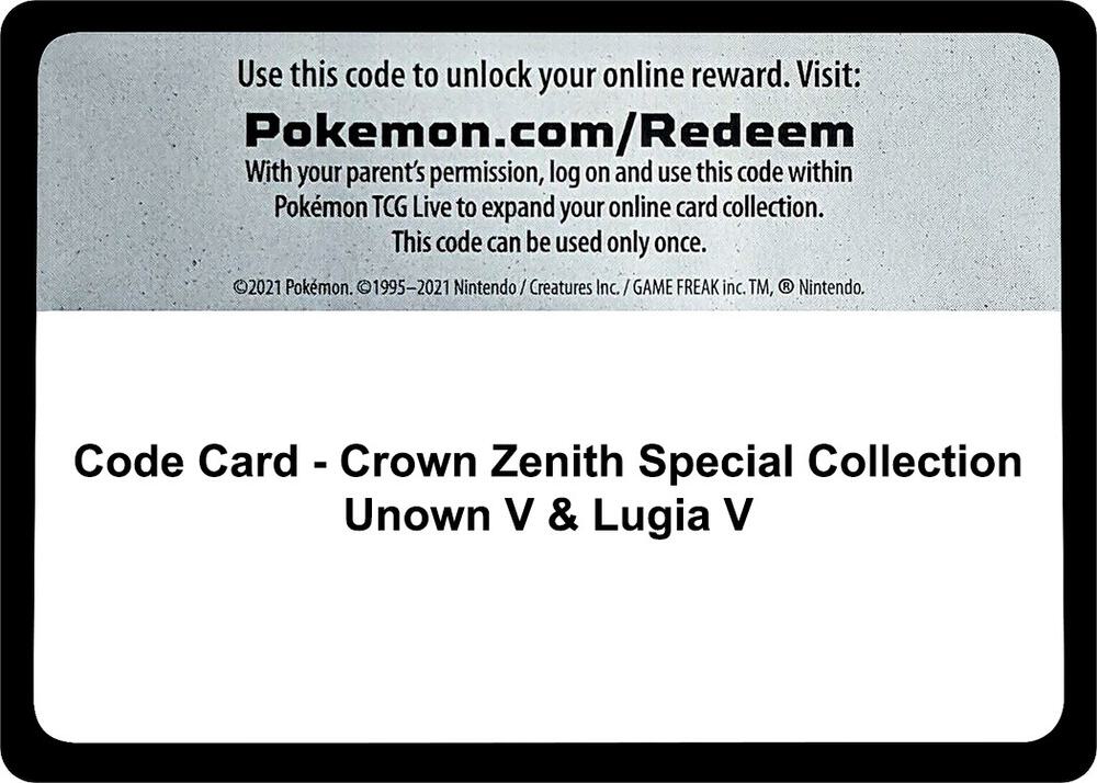 Code Card - Crown Zenith Special Collection [Unown V & Lugia V] - Code Card Crown Zenith