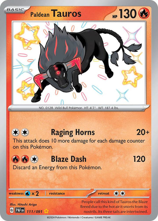 Paldean Tauros - 111/091 111/091 Shiny Rare Paldean Fates Pokémon card