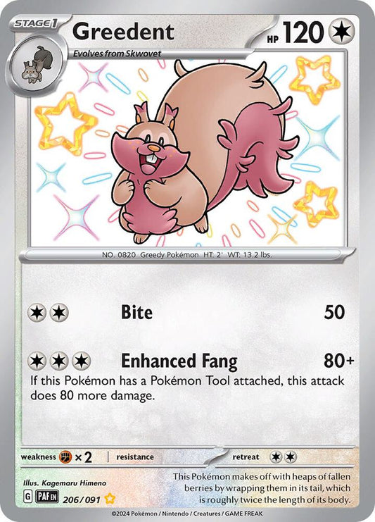 Greedent 206/091 Shiny Rare Paldean Fates Pokémon card