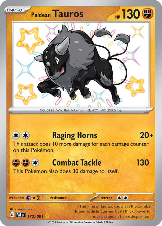 Paldean Tauros - 172/091 172/091 Shiny Rare Paldean Fates Pokémon card
