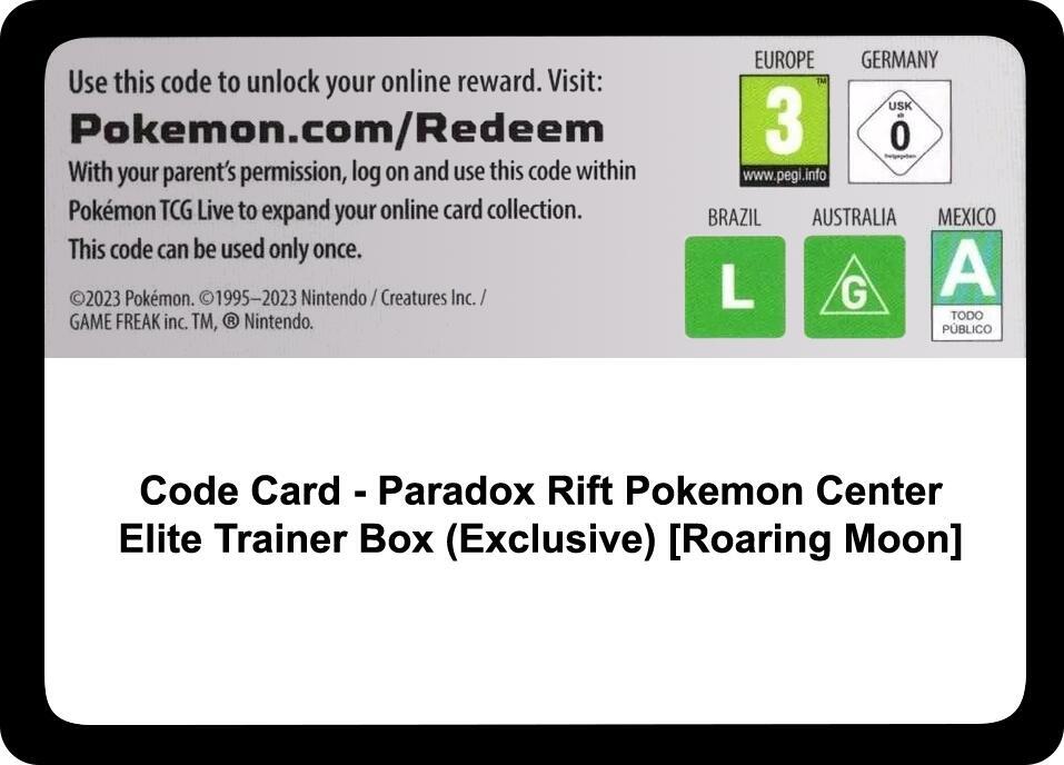 Code Card - Paradox Rift Pokemon Center Elite Trainer Box (Exclusive) [Roaring Moon] - Code Card SV04: Paradox Rift