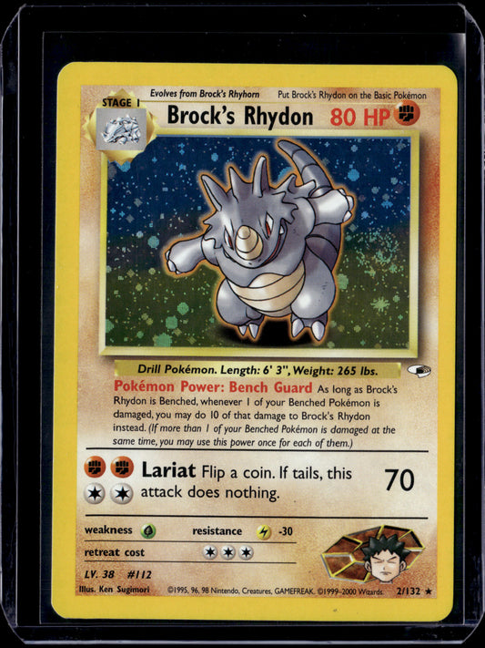 Brock's Rhydon Gym Heroes #002/132 Unlimited Holofoil Pokémon Card (front)