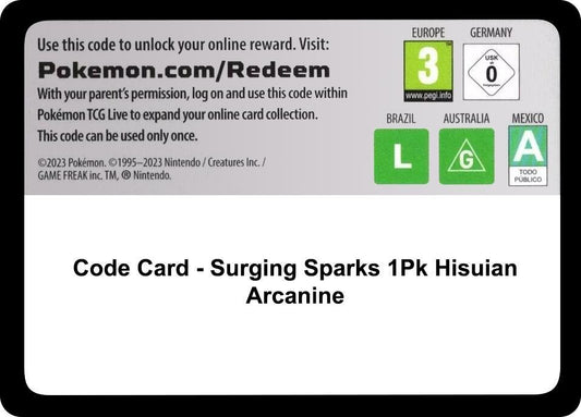 Code Card - Surging Sparks Blister [Hisuian Arcanine] - Code Card SV08: Surging Sparks