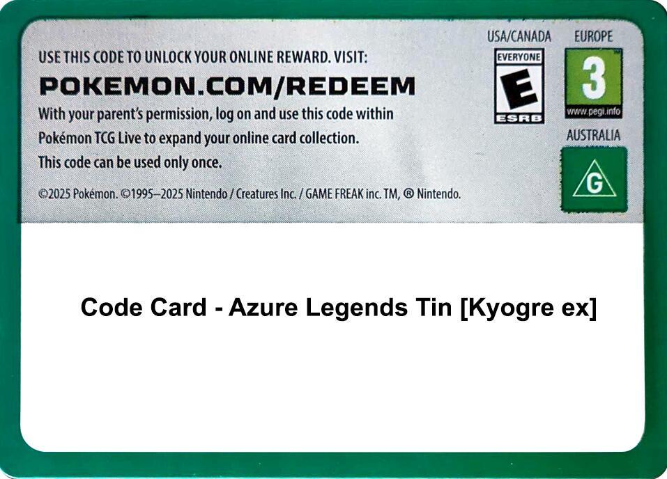 Code Card - Azure Legends Tin [Kyogre ex] - Code Card Miscellaneous Cards & Products
