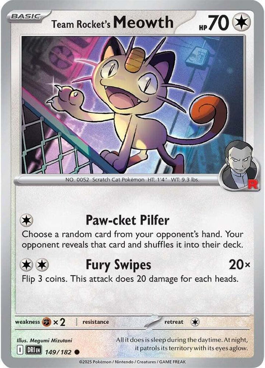 Team Rocket's Meowth 149/182 Common Destined Rivals Pokémon card
