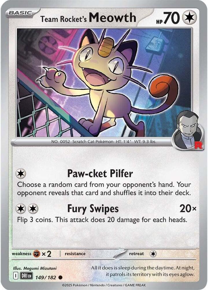 Team Rocket's Meowth 149/182 Common Destined Rivals Pokémon card