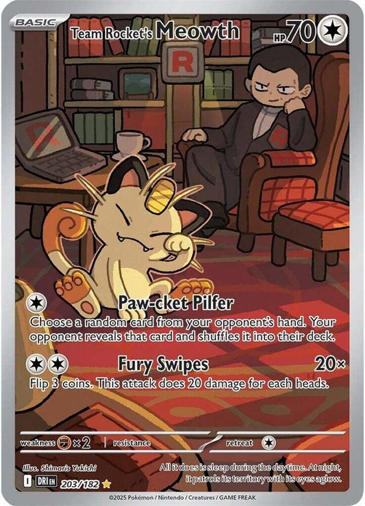 Team Rocket's Meowth - 203/182 203/182 Illustration Rare Destined Rivals Pokémon card