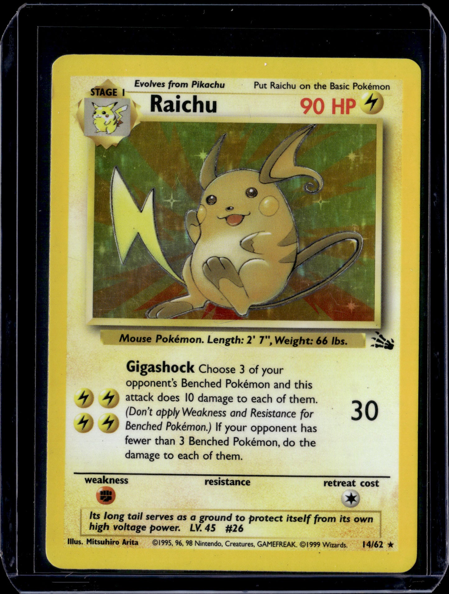 Raichu (14) Fossil #14/62 Unlimited Holofoil Pokémon Card (front)