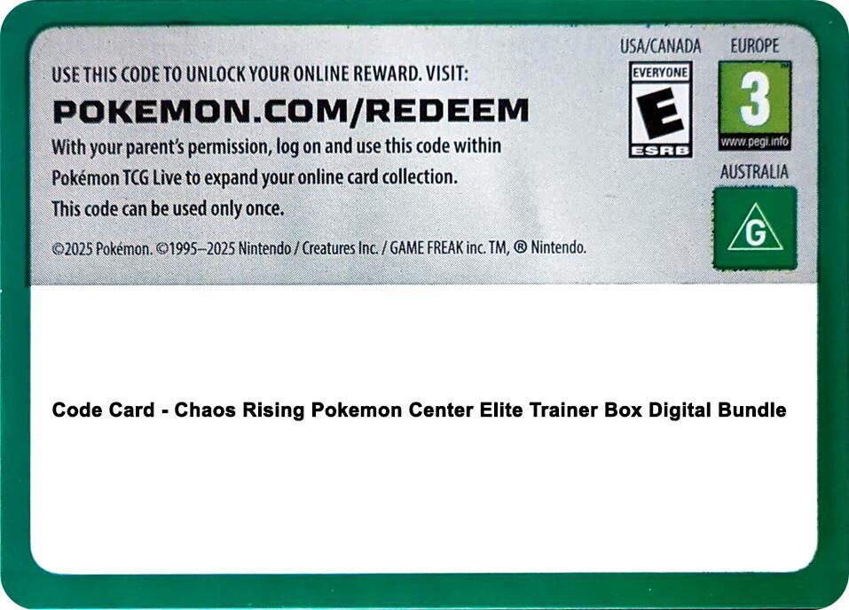 Code Card - Chaos Rising Pokemon Center Elite Trainer Box Digital Bundle Code Card Pokémon card