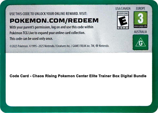 Code Card - Chaos Rising Pokemon Center Elite Trainer Box Digital Bundle Code Card Pokémon card