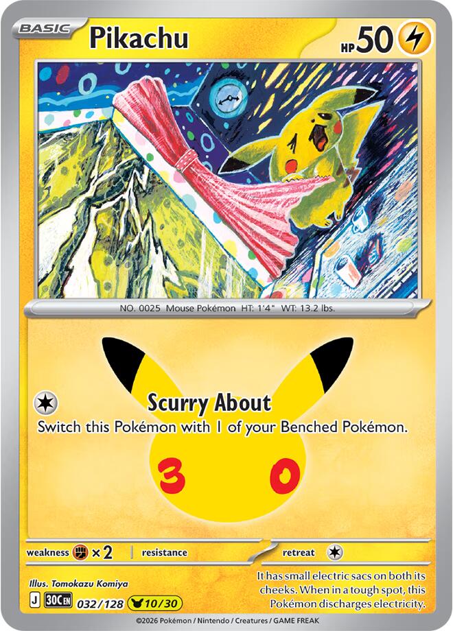 Pikachu - 032/128 032/128 Pikachu Rare 30th Celebration Pokémon card