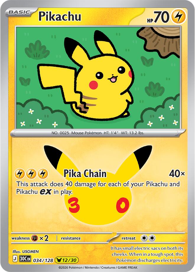 Pikachu - 034/128 034/128 Pikachu Rare 30th Celebration Pokémon card