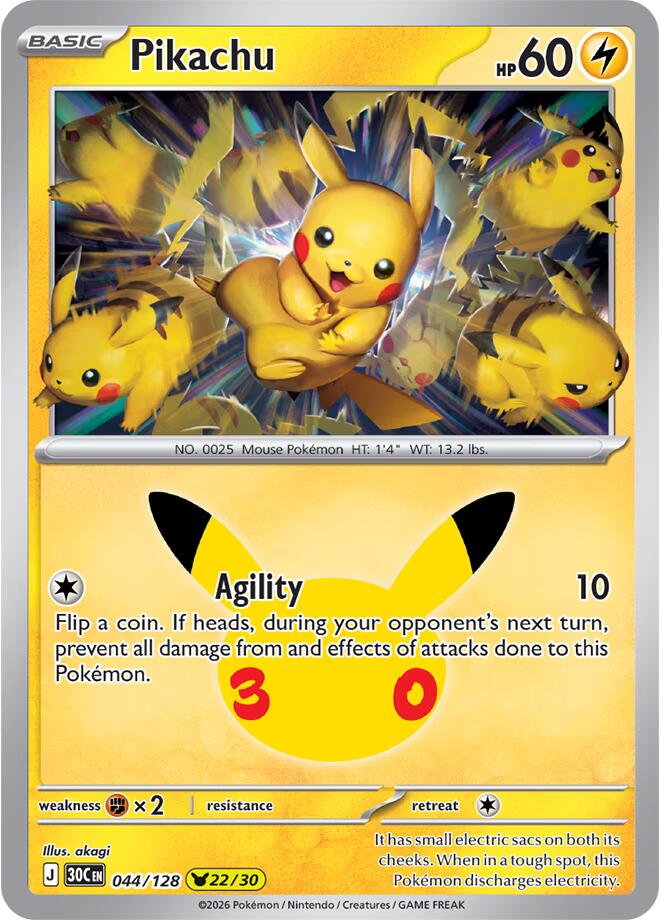Pikachu - 044/128 044/128 Pikachu Rare 30th Celebration Pokémon card