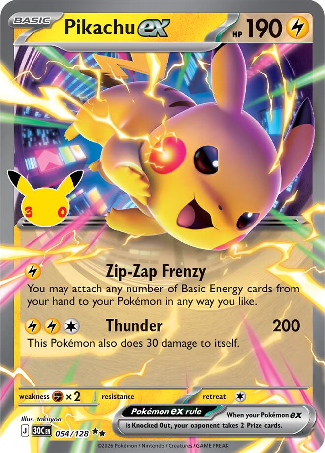 Pikachu ex - 054/128 054/128 Double Rare 30th Celebration Pokémon card