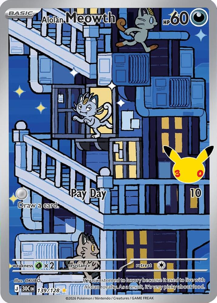 Alolan Meowth - 139/128 139/128 Illustration Rare 30th Celebration Pokémon card
