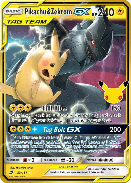 Pikachu & Zekrom GX 33/181 Classic Collection 30th Celebration Classic Collection Pokémon card