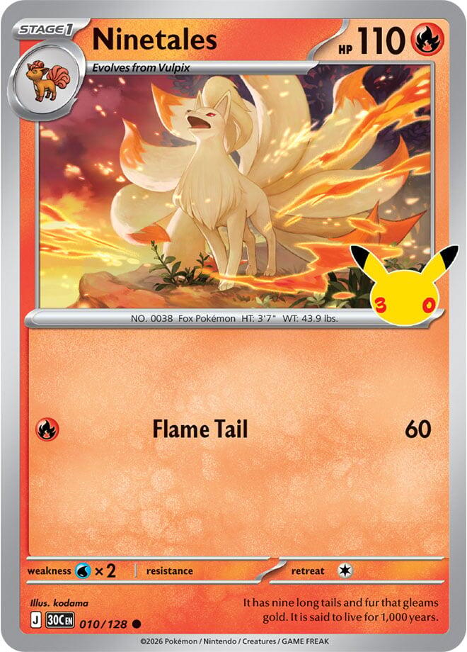 Ninetales 010/128 Common 30th Celebration Pokémon card