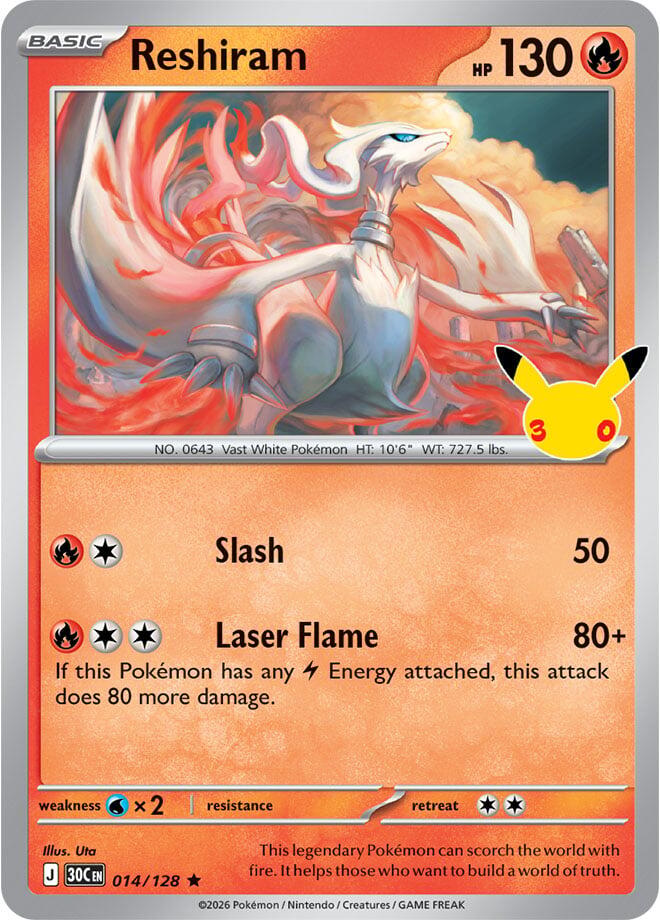 Reshiram 014/128 Rare 30th Celebration Pokémon card