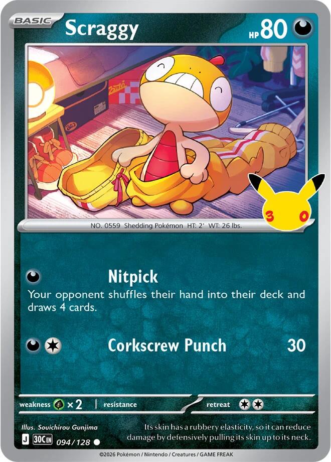 Scraggy - 094/128 094/128 Common 30th Celebration Pokémon card