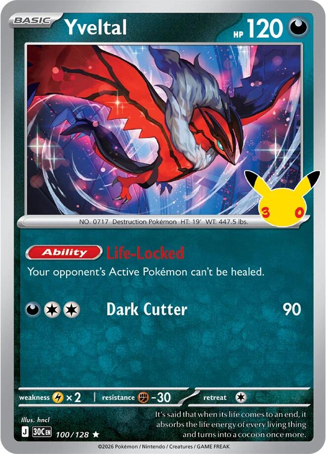 Yveltal 100/128 Rare 30th Celebration Pokémon card