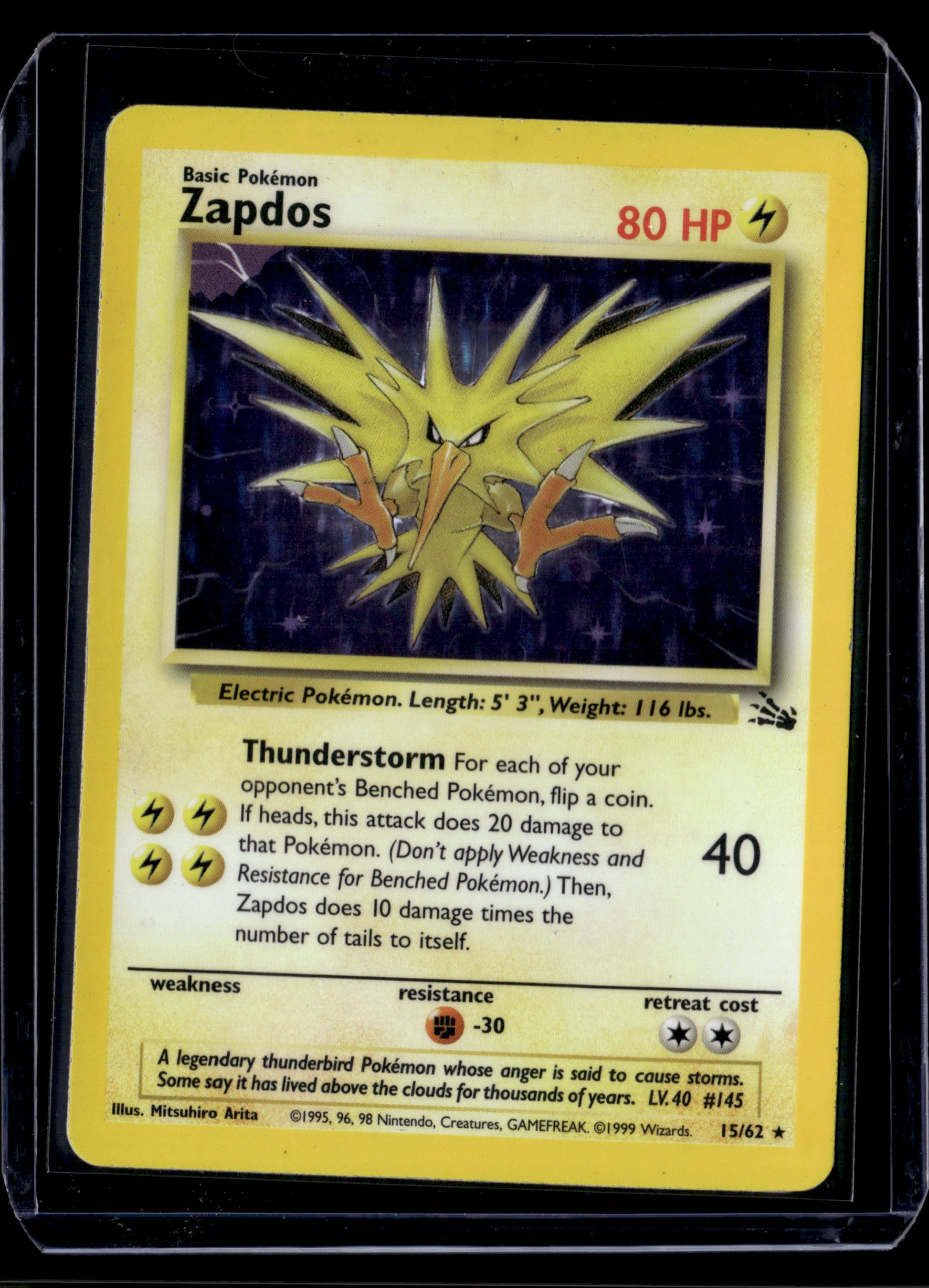 Zapdos (15) Fossil #15/62 Unlimited Holofoil Pokémon Card (front)