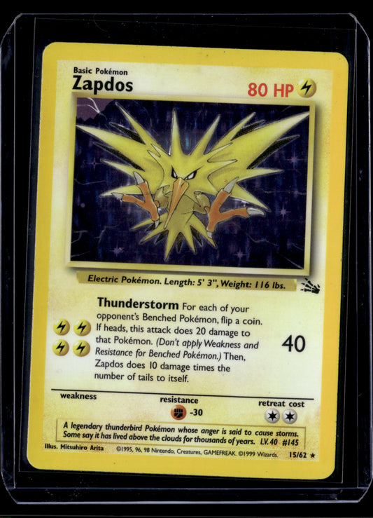 Zapdos (15) Fossil #15/62 Unlimited Holofoil Pokémon Card (front)